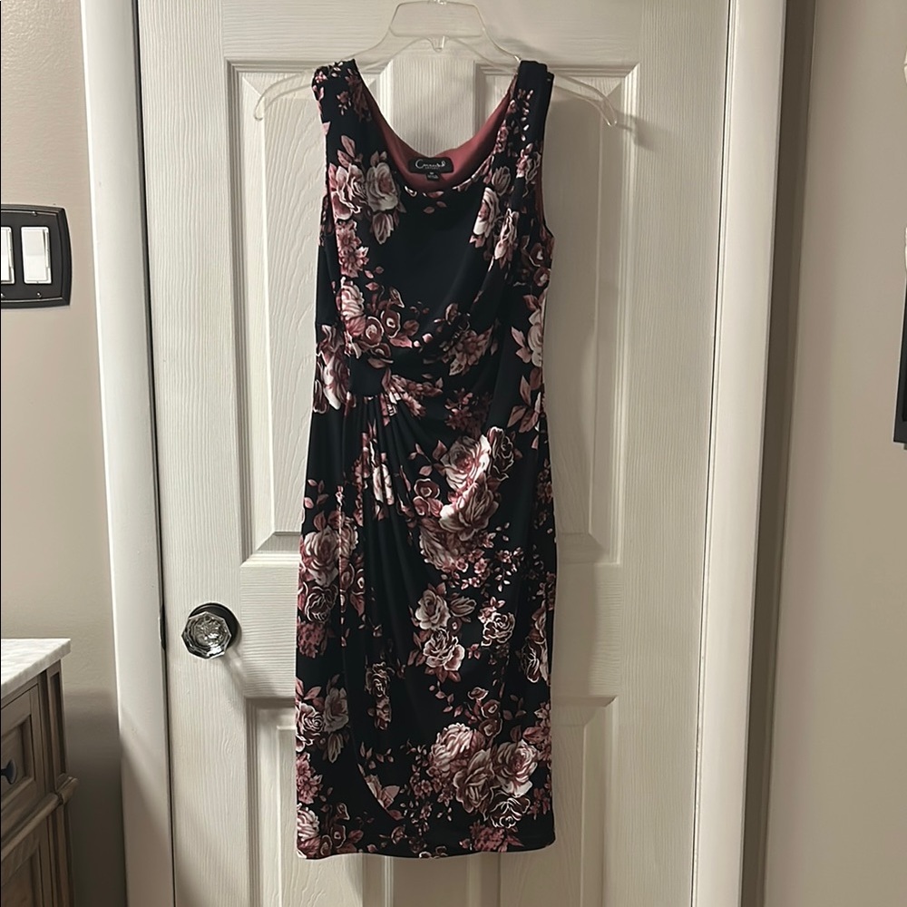 Connected Apparel Navy Blue and Pink Floral Midi Dress